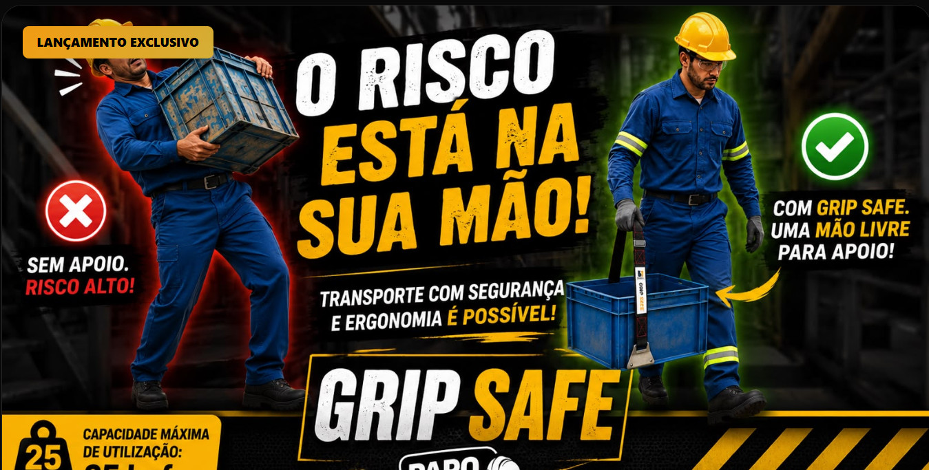 Referência fornecida: transporte da caixa com duas mãos e transporte lateral pela pega da cinta GripSafe